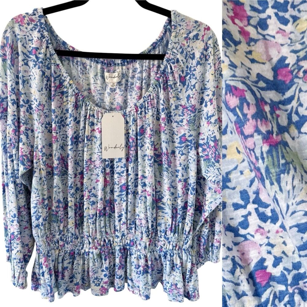 NEW Wonderly Smocked Peplum Peasant Top Shirt Blouse Cotton Modal 3/4 Sleeves 3X